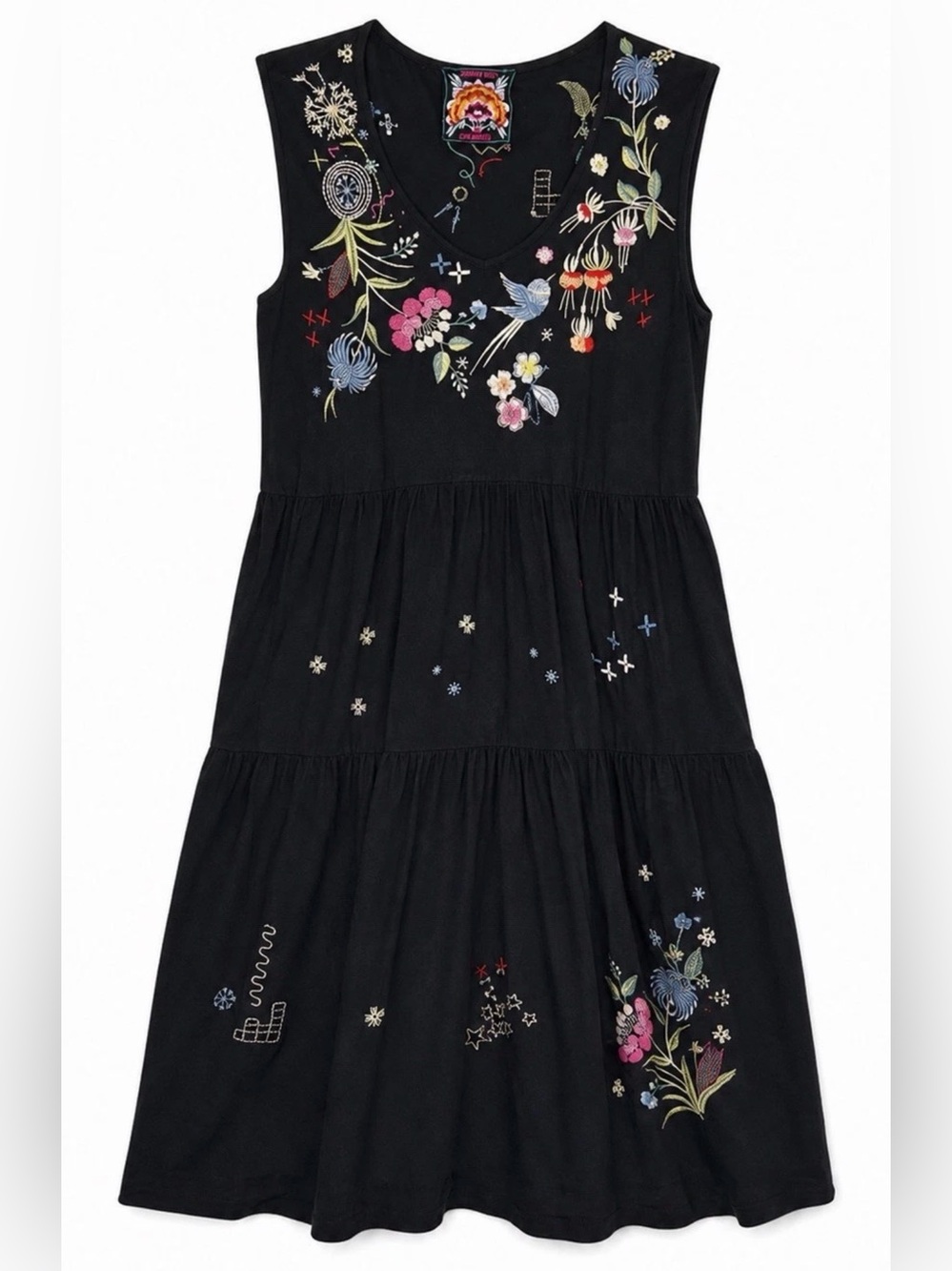 Johnny Was Black Tiered Dress with Multicolor Floral Embroidery